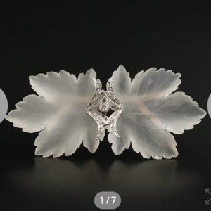 14K Gold Rock Crystal Quartz and Diamond Double Leaf Brooch